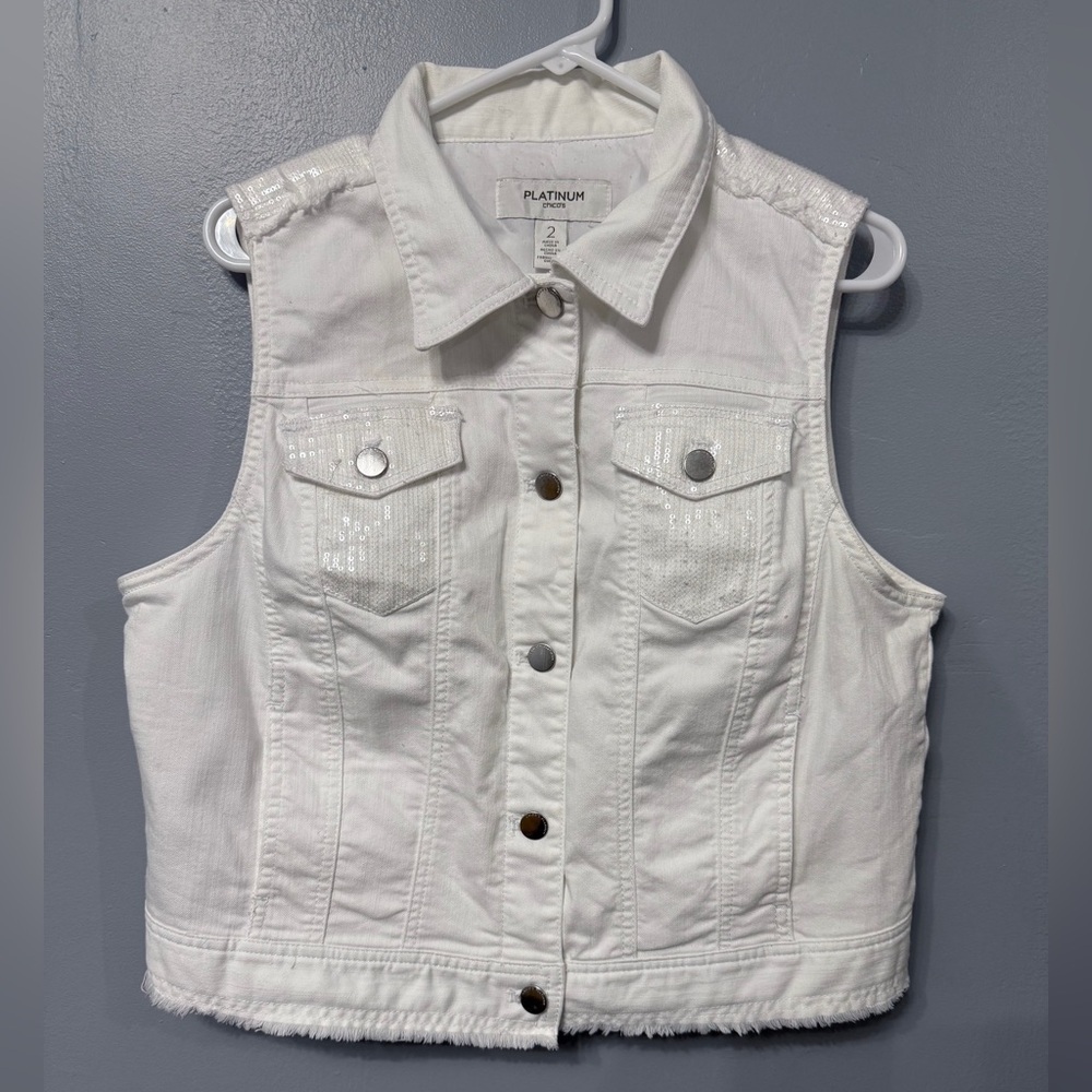 #5) White Denim Vest with shiny pockets and shoulder.